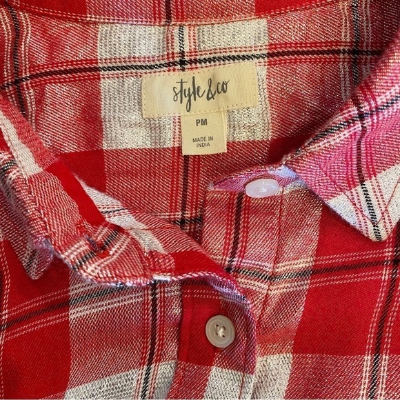 Style & Co Petite Medium Red Metallic Plaid Flannel Top Blouse Shirt - Picture 5 of 9